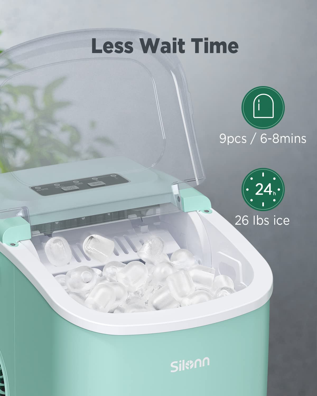 Silonn Countertop Ice Maker. 9 Cubes Ready in 6 Mins. 26lbs in 24Hrs. Self-Cleaning Ice Machine with Ice Scoop and Basket. 2 Sizes of Bullet Ice for Home Kitchen Office Bar Party. Green (SLIM09)