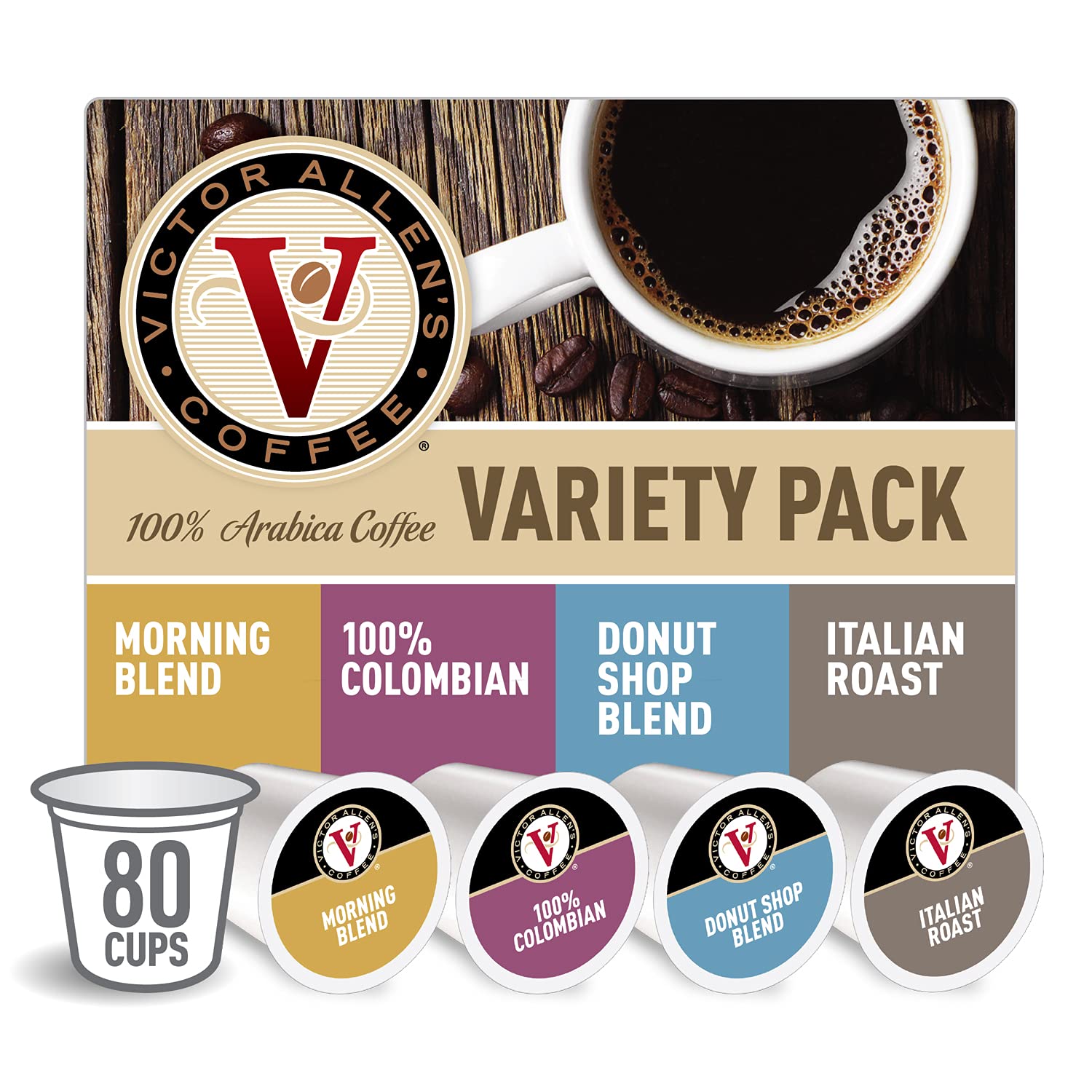 Victor Allen-s FG015871 80 Count Single Serve Cup Variety Pack of Morning Blend. 100% Colombian. Donut Shop and Italian Roast (Compatible with 2.0 Keurig Brewers)