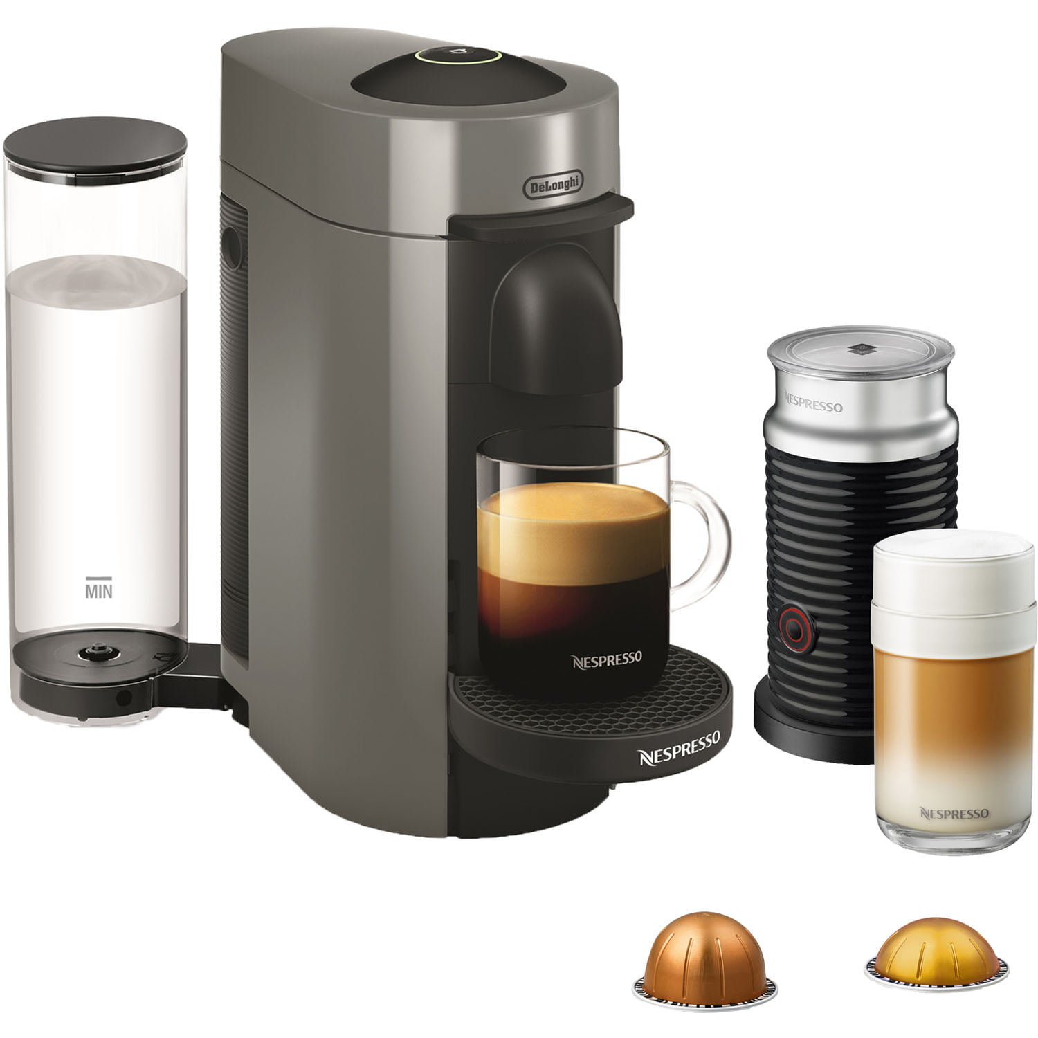 Nespresso VertuoPlus Coffee and Espresso Maker Bundle with Aeroccino Milk Frothier by De-Longhi. Grey