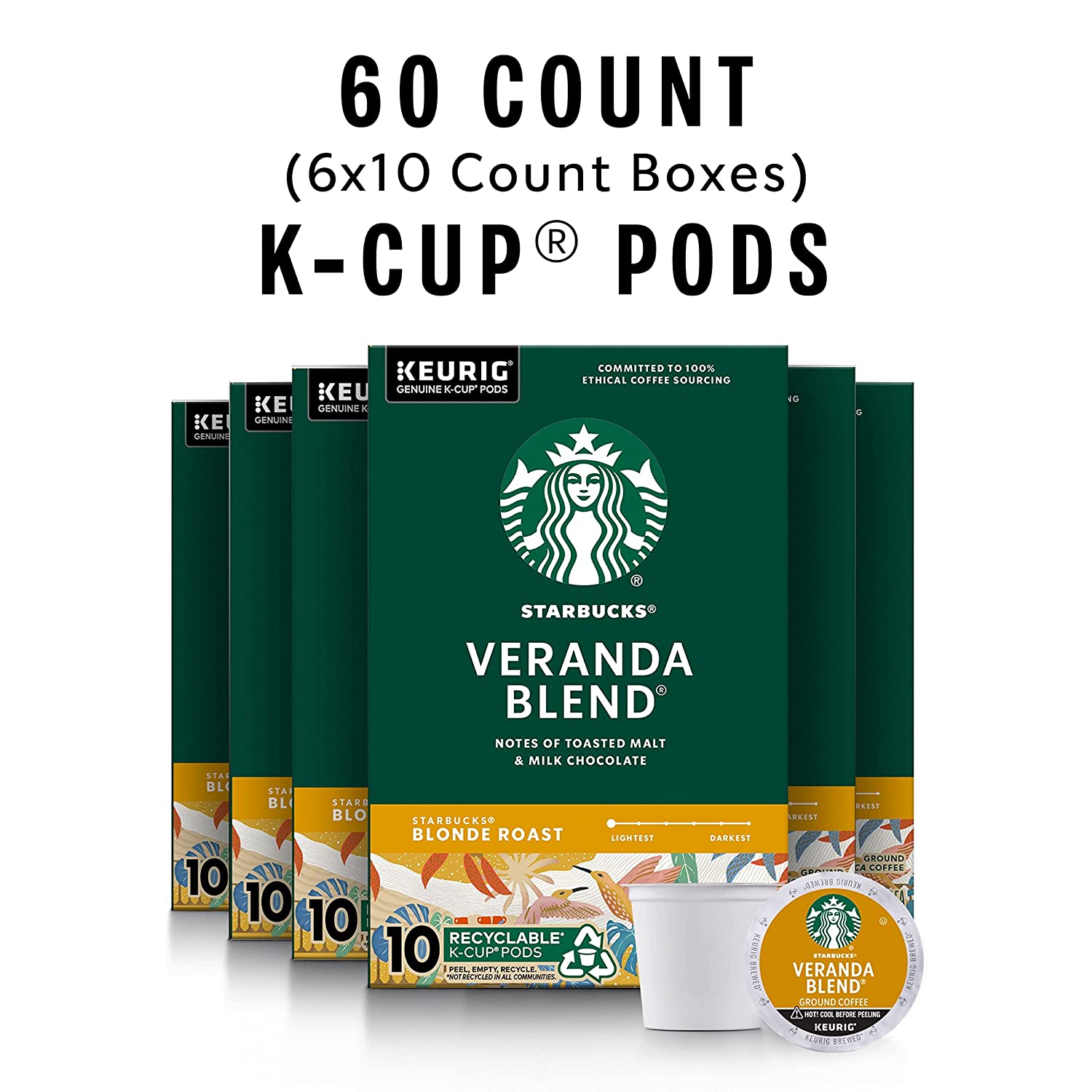 Starbucks K-Cup Coffee Pods. Starbucks Blonde Roast Coffee. Veranda Blend for Keurig Brewers. 100% Arabica. 6 boxes (60 pods total)