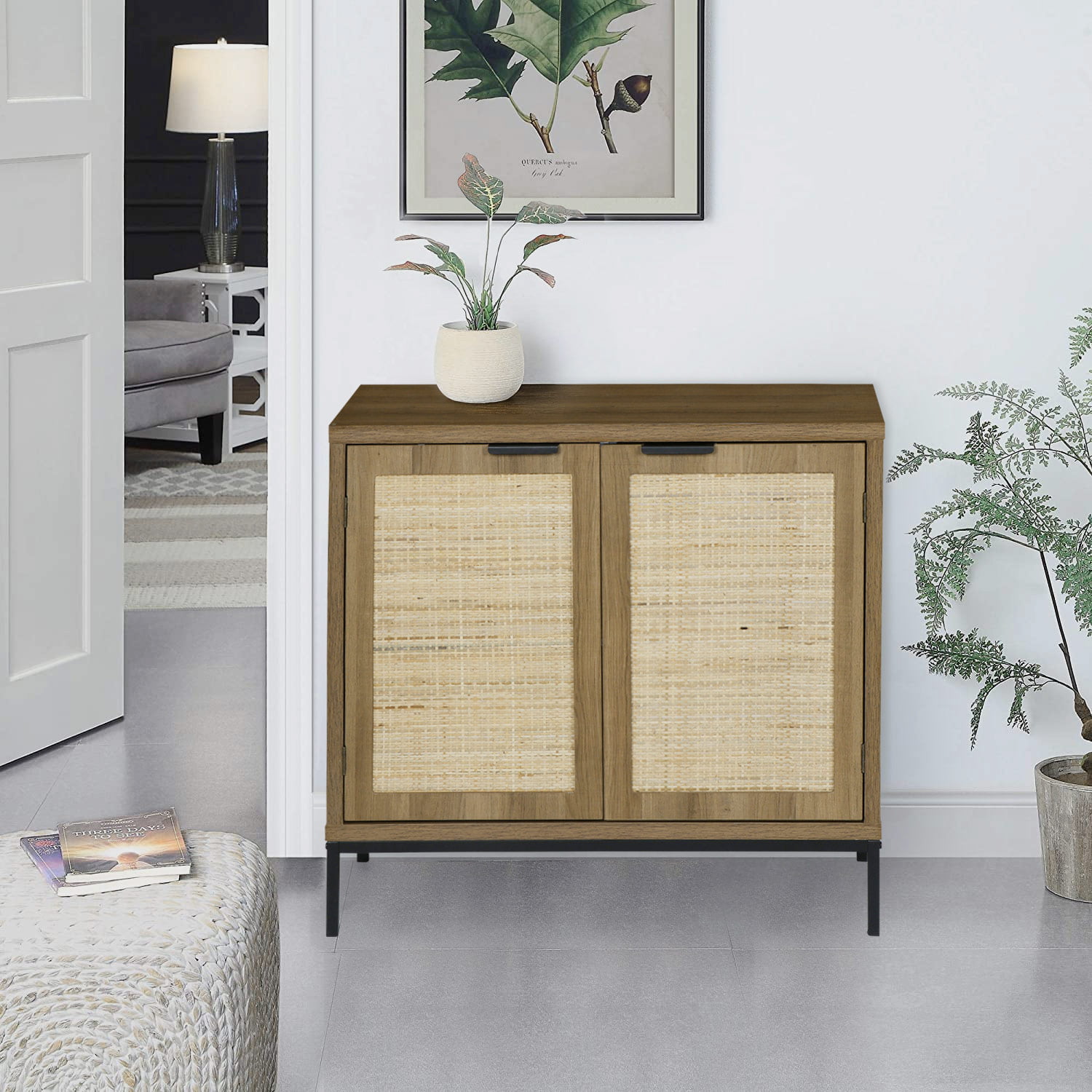 31.5″W Rattan Accent Cabinet Buffet Cupboard. Kitchen Furniture Storage Cabinets for Dining Bedroom Cane Cabinet Sideboards. Natural Oak. H0045
