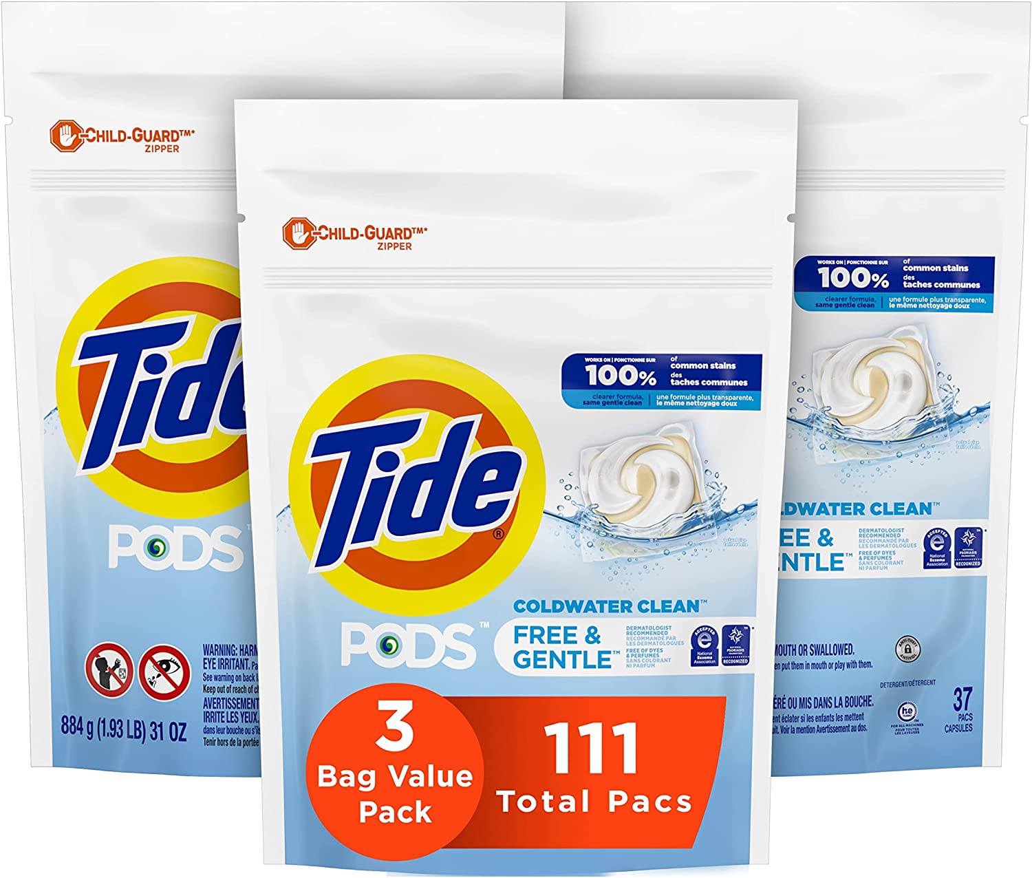 Tide PODS Free & Gentle. Laundry Detergent Soap Pods. Unscented. 3 Bag Value Pack. 111 Count. HE Compatible