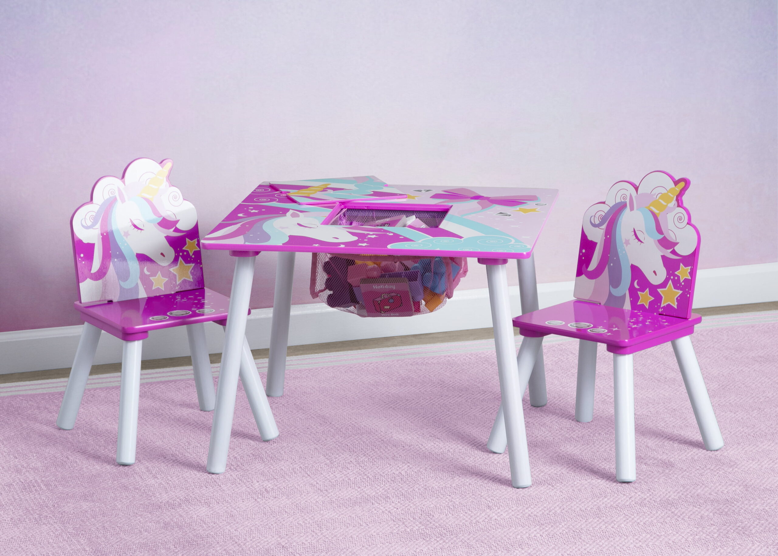 Delta Children Unicorn Table and Chair Set With Storage (2 Chairs Included) - Greenguard Gold Certified. Pink