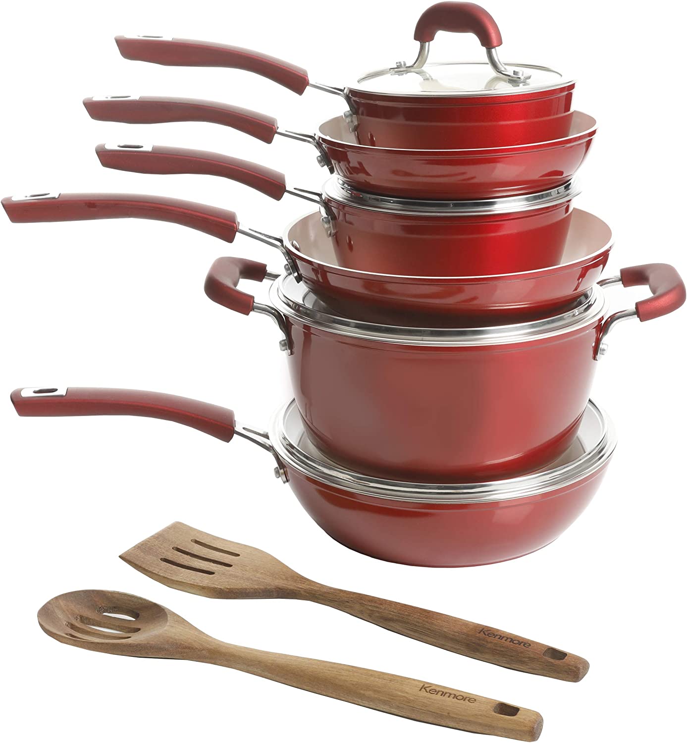 Kenmore Arlington Healthy Nonstick Ceramic Coated Forged Aluminum Induction Cookware. 12-Piece. Metallic Red
