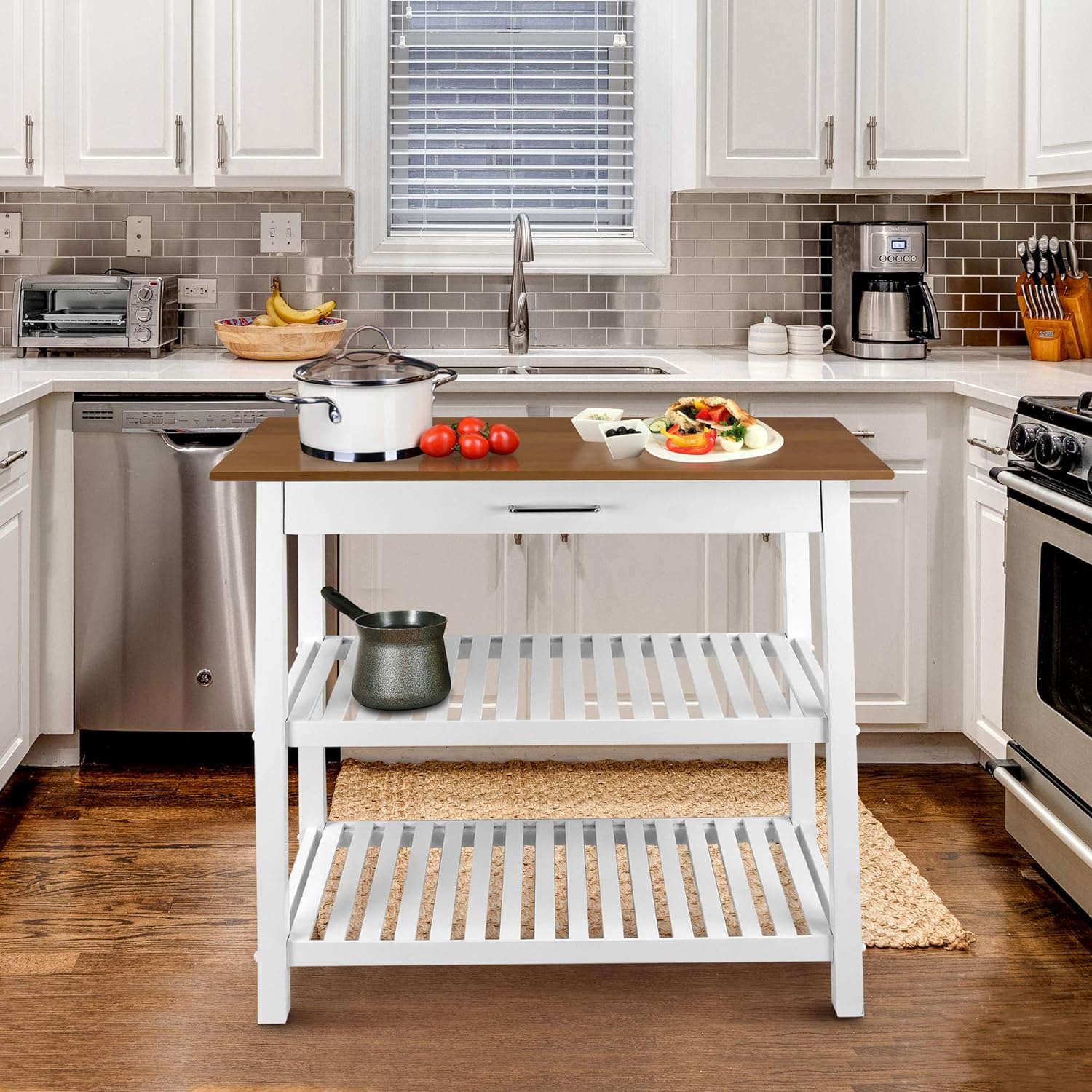 Casual Home Kitchen Island with Solid American Cherry Top. White & Cherry Natural
