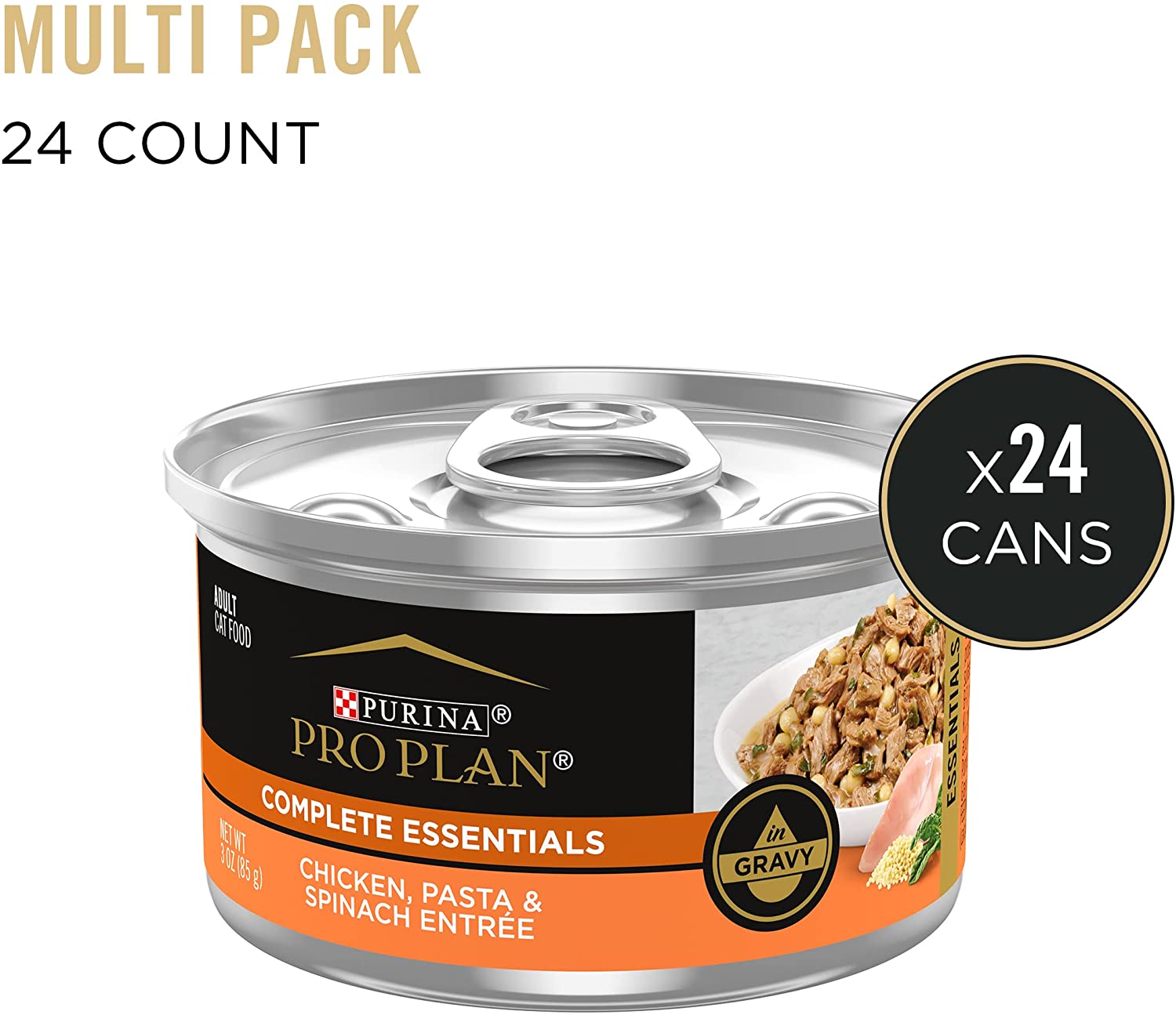 Purina Pro Plan High Protein Wet Cat Food Gravy. Chicken. Pasta and Spinach Entree - (24) 3 oz. Pull-Top Cans