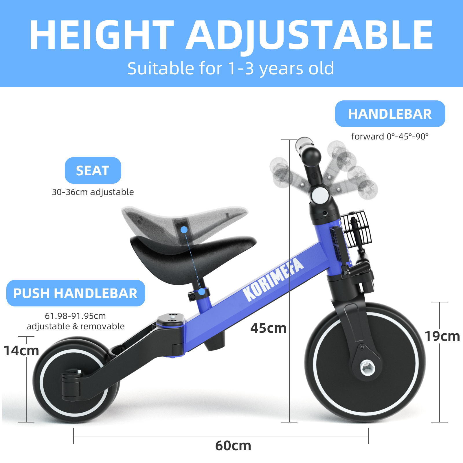 KORIMEFA Kids Tricycle with Push Handle. Kids Push Trike for Boys Girls Toddler Bike. First Birthday Gift