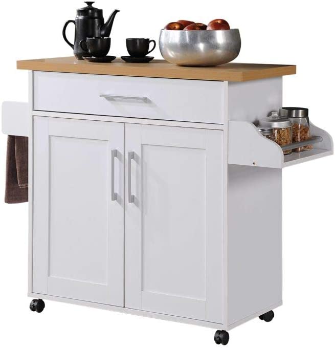 Hodedah Kitchen Island with Spice Rack. Towel Rack & Drawer. White with Beech Top. 15.5 x 35.5-44.9 x 35.2 inches