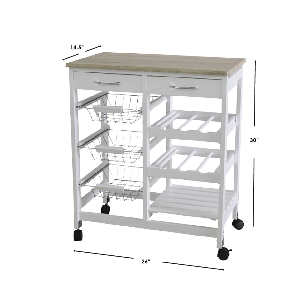 Home Basics Oak Top Rolling Kitchen Trolley with Two Drawers Baskets. White
