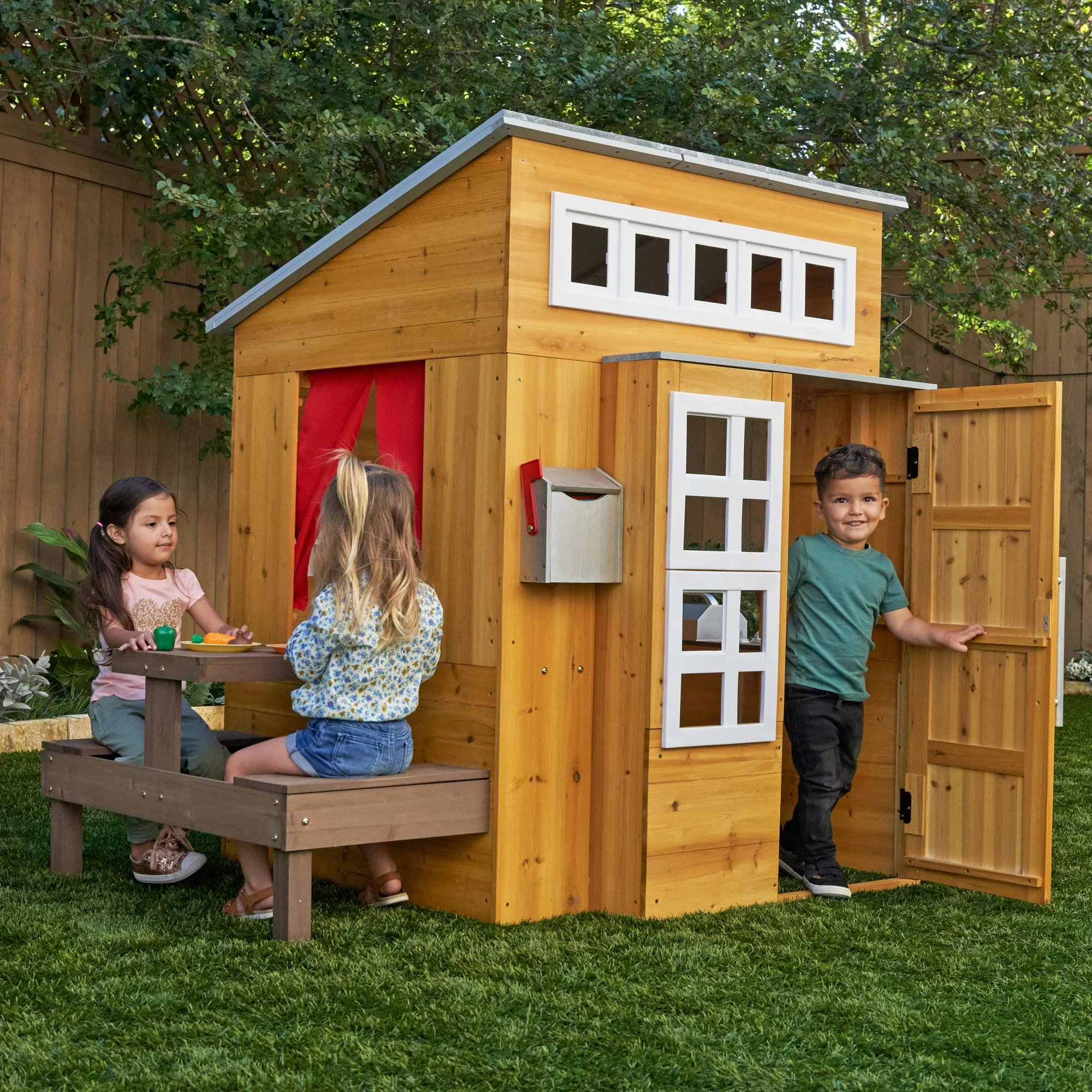 KidKraft Modern Outdoor Wooden Playhouse with Picnic Table. Mailbox and Outdoor Grill