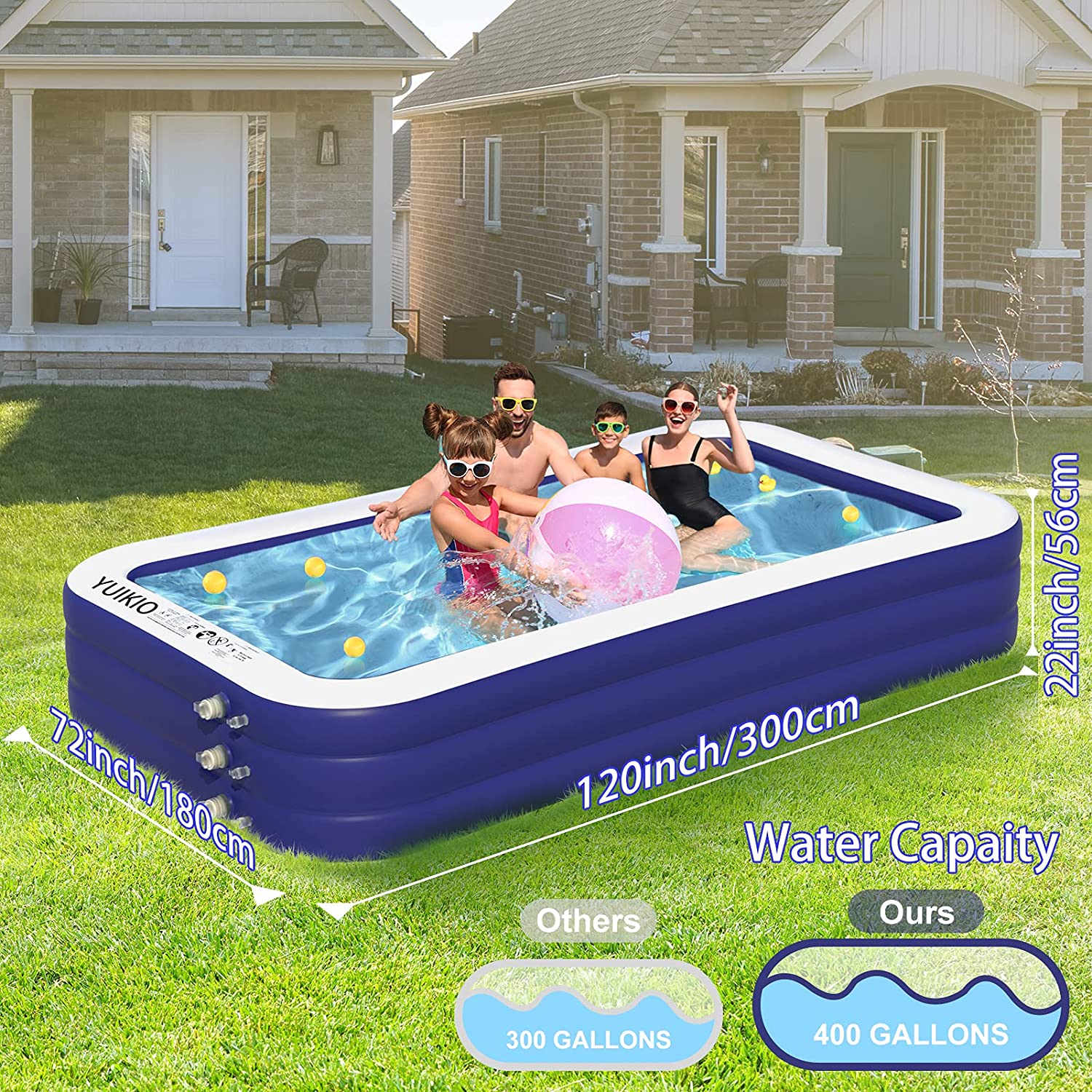 Inflatable Swimming Pool. Intera Upgraded 120″x72″x22″ 400 gal Full-Sized Family Pool  for Adults and Kids. Outdoor Pool for Garden and Backyard