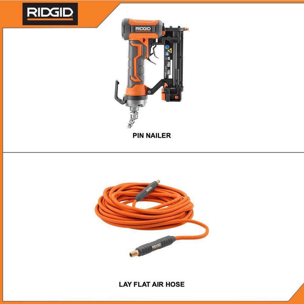 RIDGID R138HPF-R5025LF Pneumatic 23-Gauge 1-3/8 in. Headless Pin Nailer with Dry-Fire Lockout with 1/4 in. 50 ft. Lay Flat Air Hose