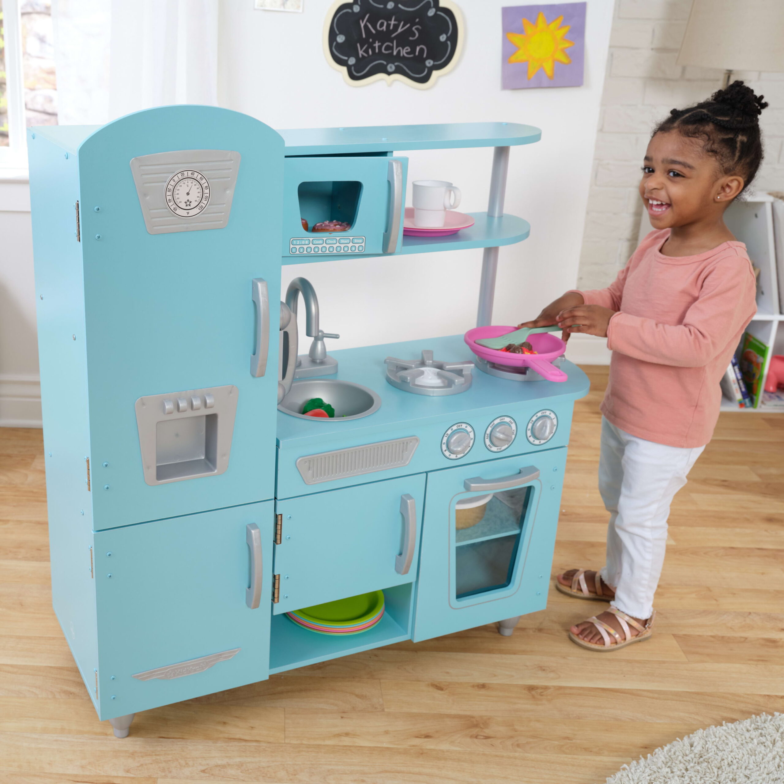KidKraft Vintage Wooden Play Kitchen with Pretend Ice Maker and Play Phone -  Blue