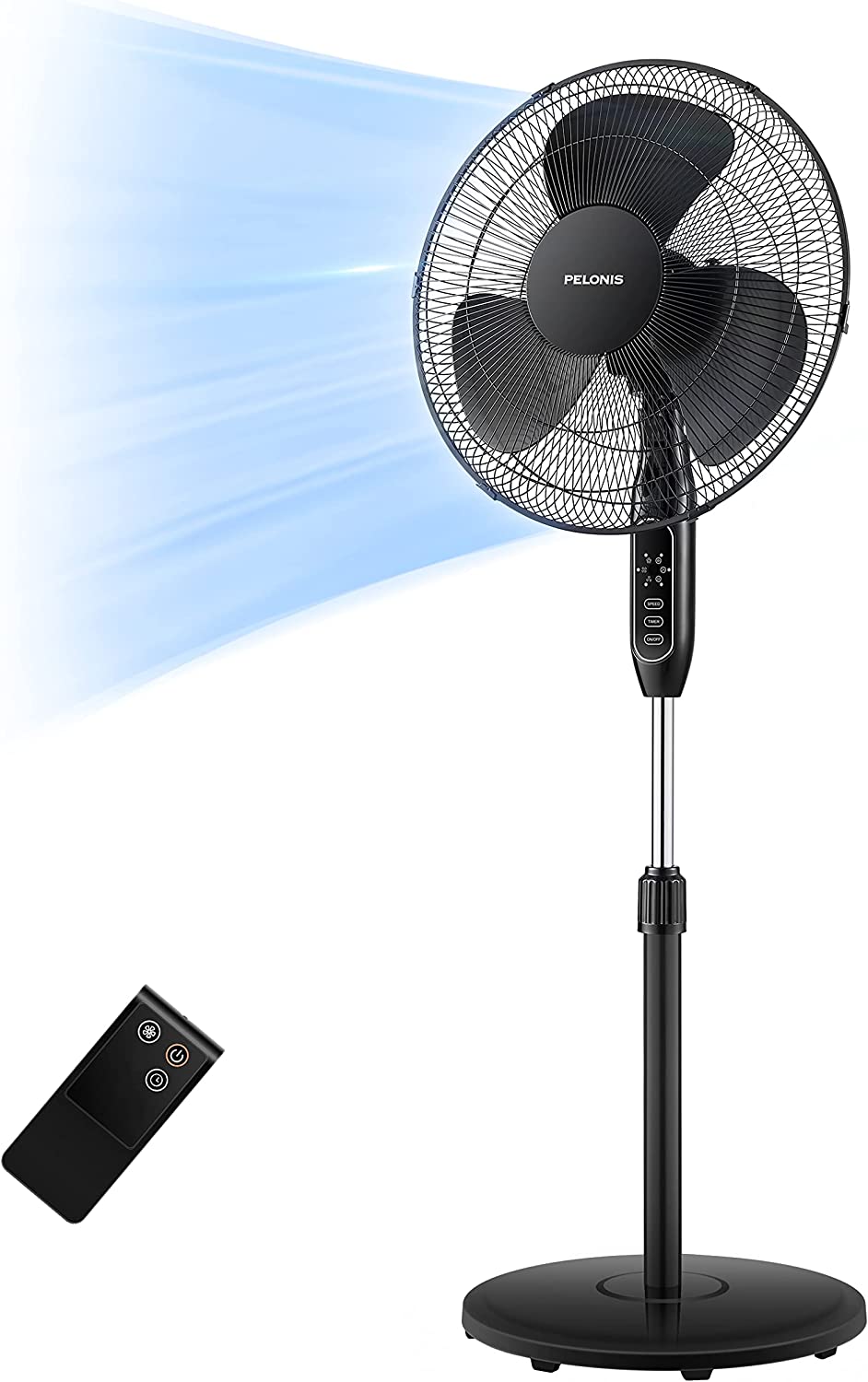 PELONIS 16” Pedestal Remote Control. Oscillating Stand Up Fan 7-Hour Timer. 3-Speed and Adjustable Height. PFS40A4BBB. Supreme 16″-Black
