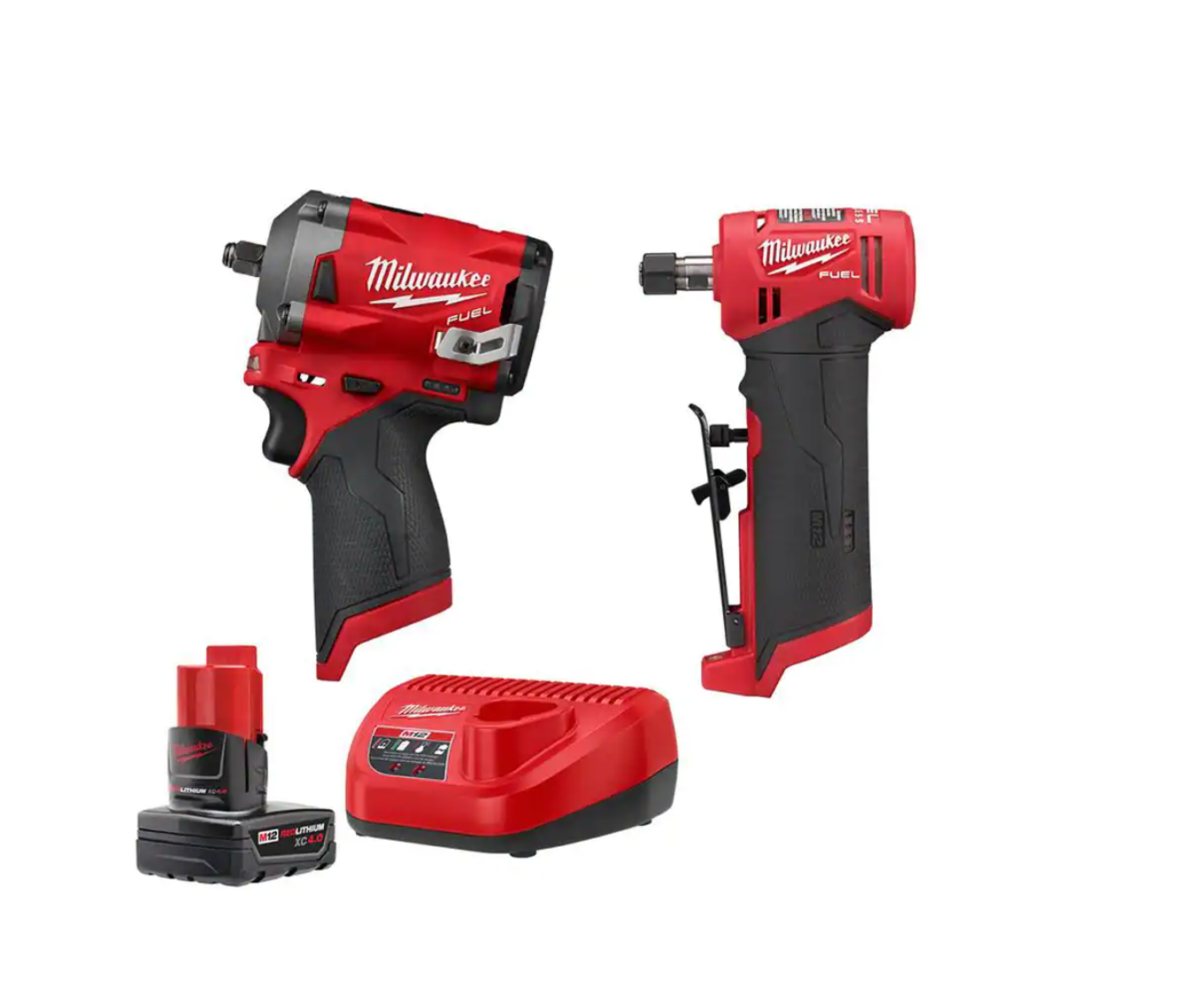 Milwaukee 2554-20-2485-20-48-59-2440 M12 FUEL 12V Lithium-Ion Brushless Cordless Stubby 3/8 in. Impact Wrench and 1/4 in. Die Grinder Kit (2-Tool)