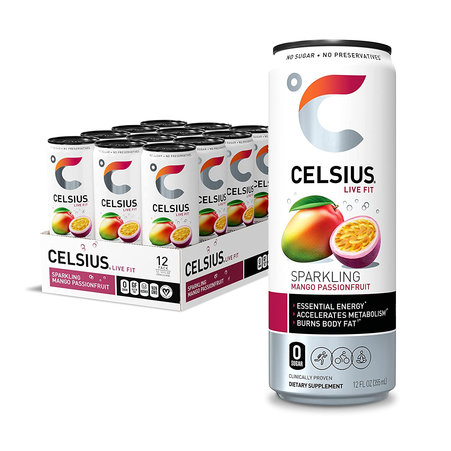 CELSIUS Essential Energy Drink 12 Fl Oz. Zero Sugar. Sparkling Mango Passionfruit (Pack of 12)