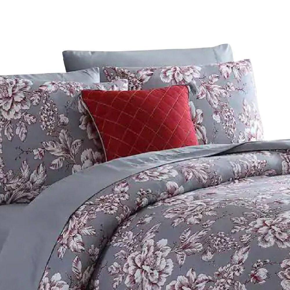 Benjara  Tyler 8- Piece Gray Floral Print Microfiber Queen Bed Comforter Set