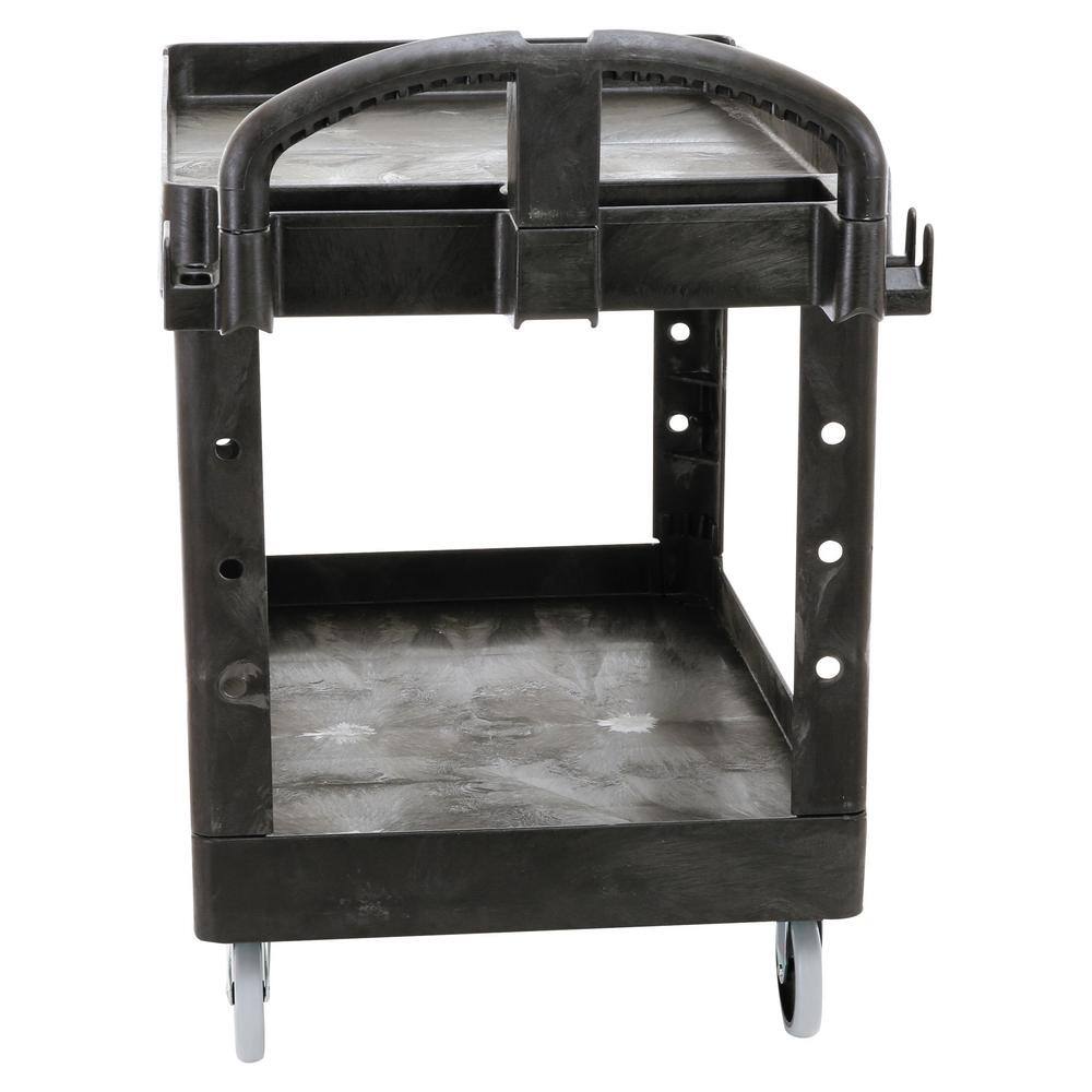 Rubbermaid Commercial Products RCP452088BK Heavy Duty Black 44 in. 2-Shelf Utility Cart with Lipped Shelf in Medium with Casters