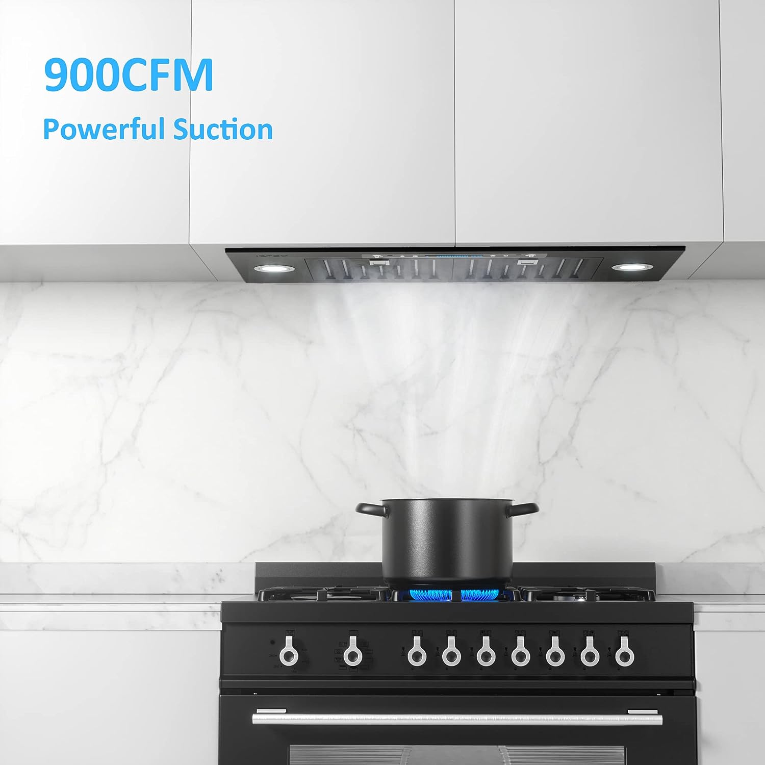 IKTCH 30 inch Black Built-in/Insert Range Hood. 900 CFM Ducted/Ductless Stainless Steel Kitchen Vent Hood with 4 Speed Gesture Sensing&Touch Control Panel(IKB01-30-BSS)