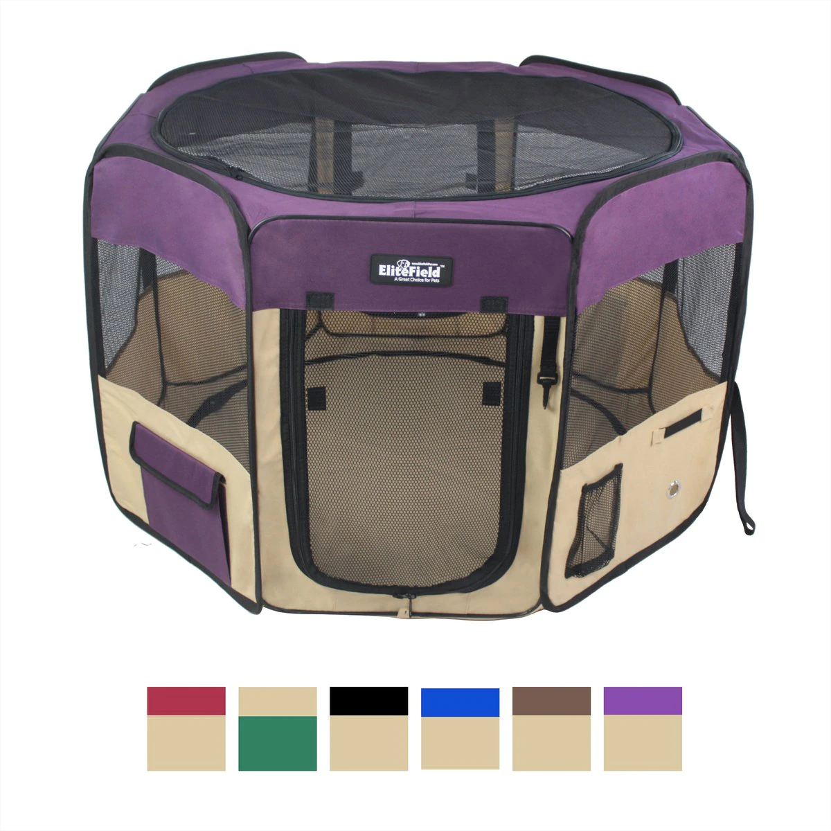 EliteField 2-Door Soft-Sided Dog & Cat Playpen (36″ x 36″ x 24″H. Purple+Beige)