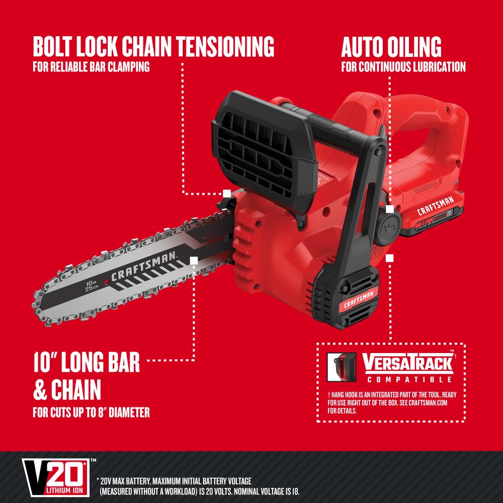 CRAFTSMAN 20-Volt Max 10-in Cordless Electric Chainsaw 2 Ah (Battery & Charger Included)