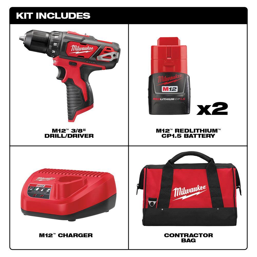 Milwaukee 2407-22 M12 12V Lithium-Ion Cordless 3/8 in. Drill/Driver Kit with Two 1.5 Ah Batteries. Charger and Tool Bag
