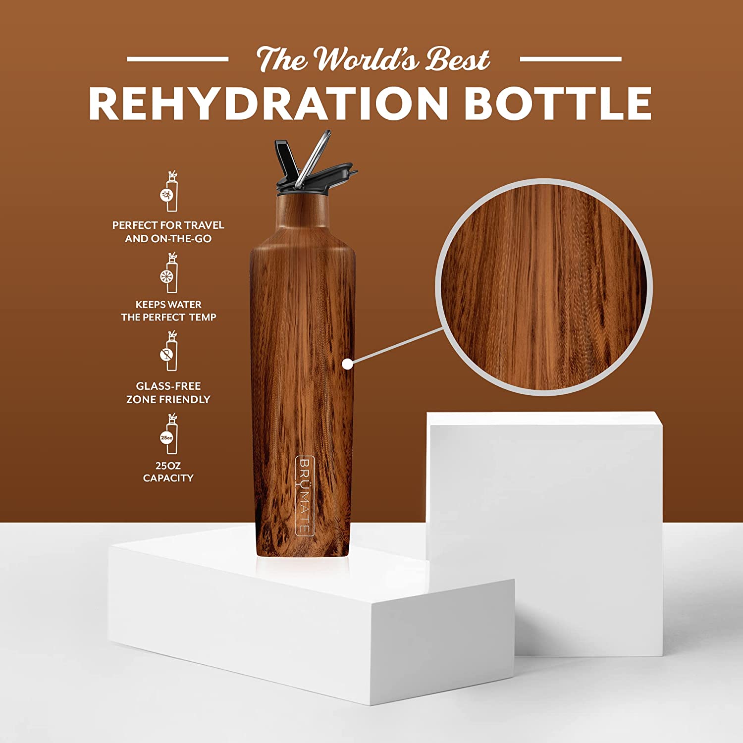 BruMate ReHydration - 100% Leakproof 25oz Insulated Water Bottle with Straw - Stainless Steel Water Canteen (Walnut)