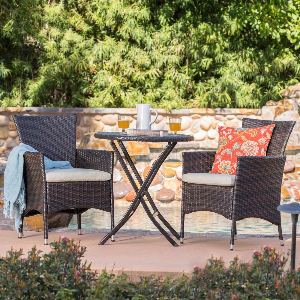 Noble House  Malaga Multi-Brown 3-Piece Plastic Round Outdoor Bistro Set with Beige Cushions