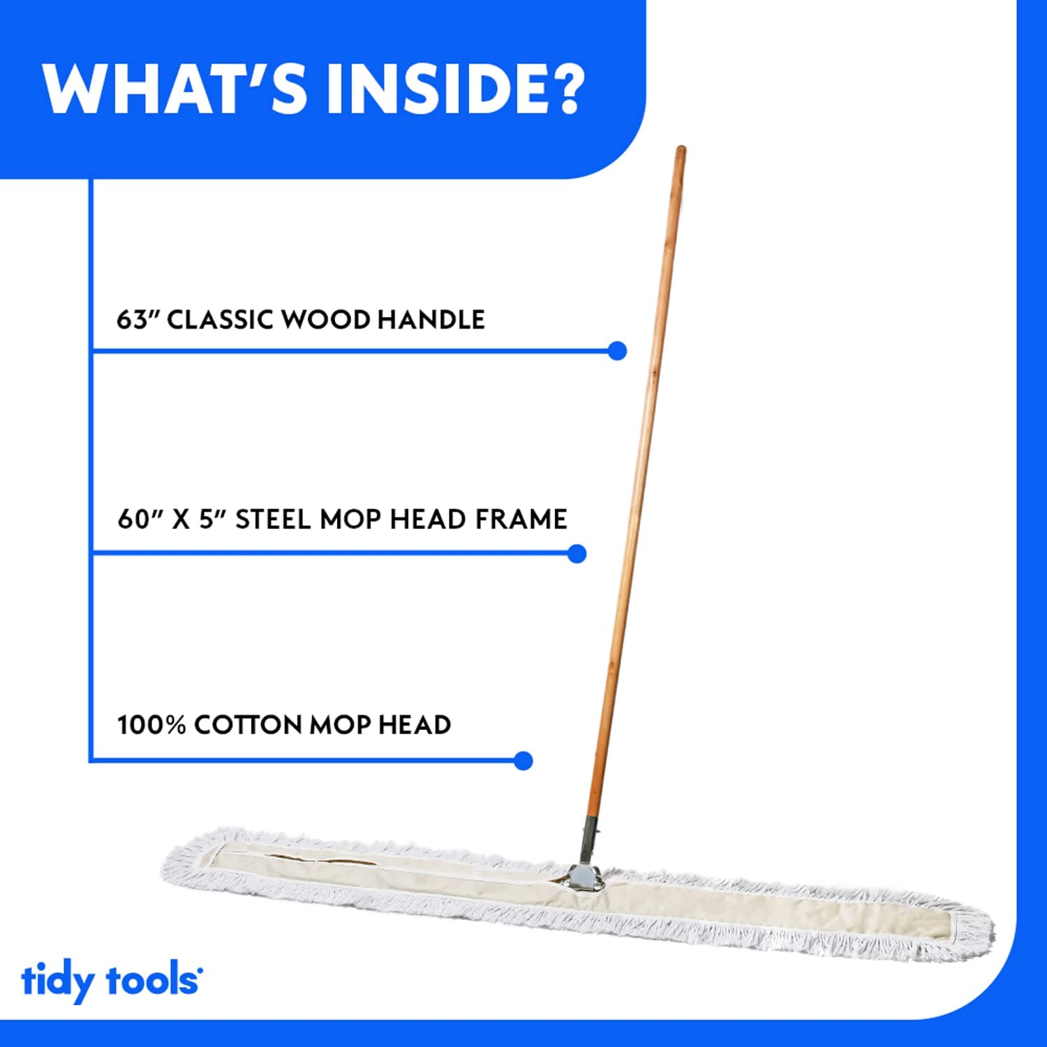 Tidy Tools Commercial Dust Mop & Floor Sweeper – 60 X 5 in. Cotton Mop Head. 63 in. Wooden Broom Handle & Metal Frame – Industrial Dust Mops for Floor Cleaning & Janitorial Supplies