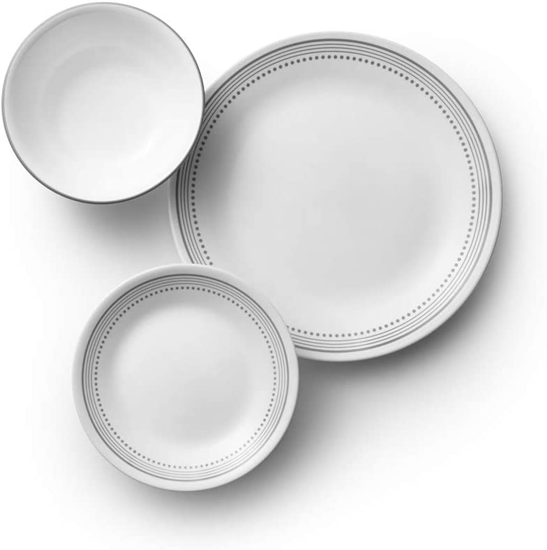 Corelle 18-Piece Service for 6 Dinnerware Set. Triple Layer Glass and Chip Resistant. Lightweight Round Plates and Bowls Set. Mystic Gray