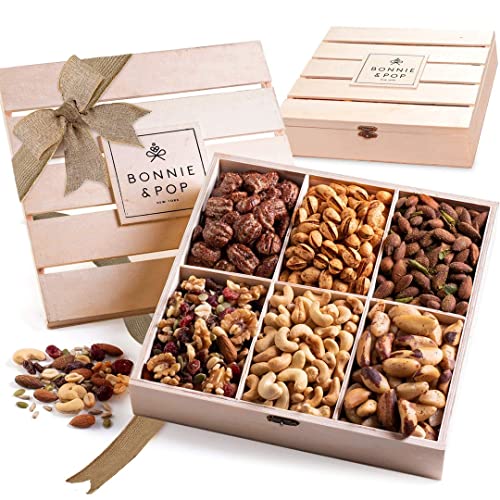 BONNIE AND POP Nut Gift Basket. Healthy Gift Option in Reusable Wooden Crate. Great for Easter