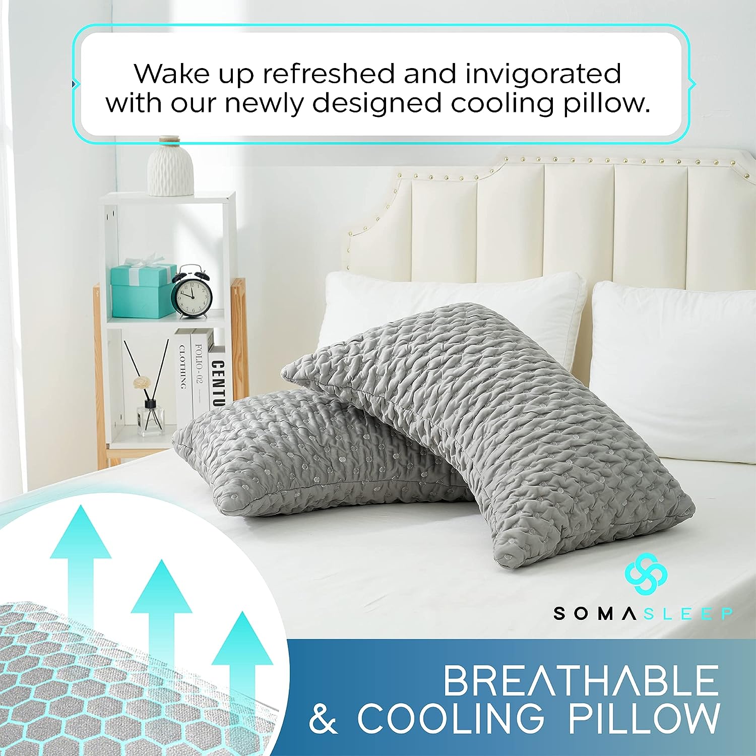 Cooling Pillow for Hot Sleepers - Best Curved Side Sleeper Bed Pillow - Anti Wrinkle Cool Gel Pillow - Gel Cooling Memory Foam Pillow for Neck. Back and Shoulder Pain Relief and Sleeping - Queen Grey