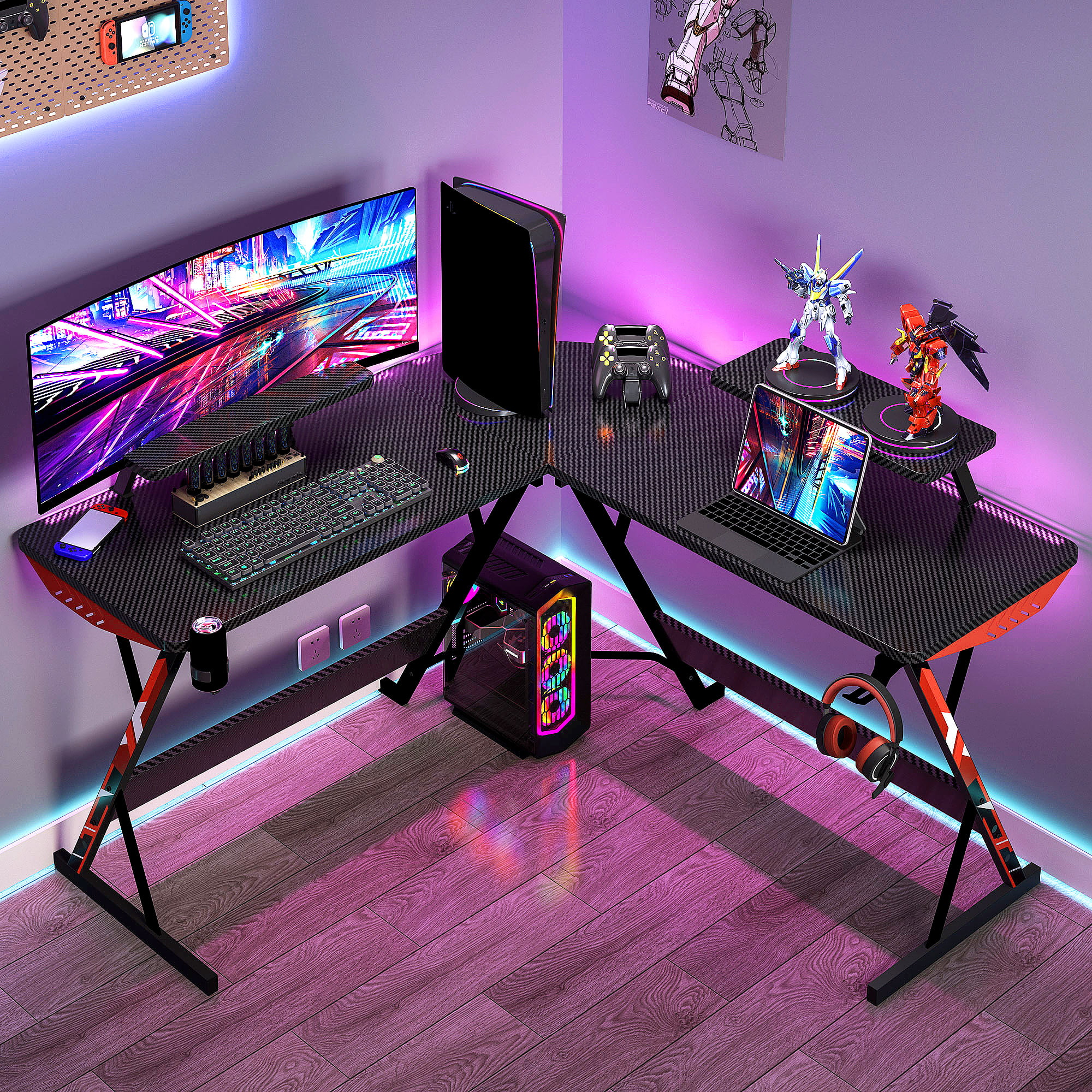 MOTPK 51″ L Shaped Gaming Desk. Real Carbon Fiber Coated. Gaming Desk Table with Large Monitor Riser Stand for Home Office. Sturdy Writing Workstation. Gaming Desk with Shelf. Black
