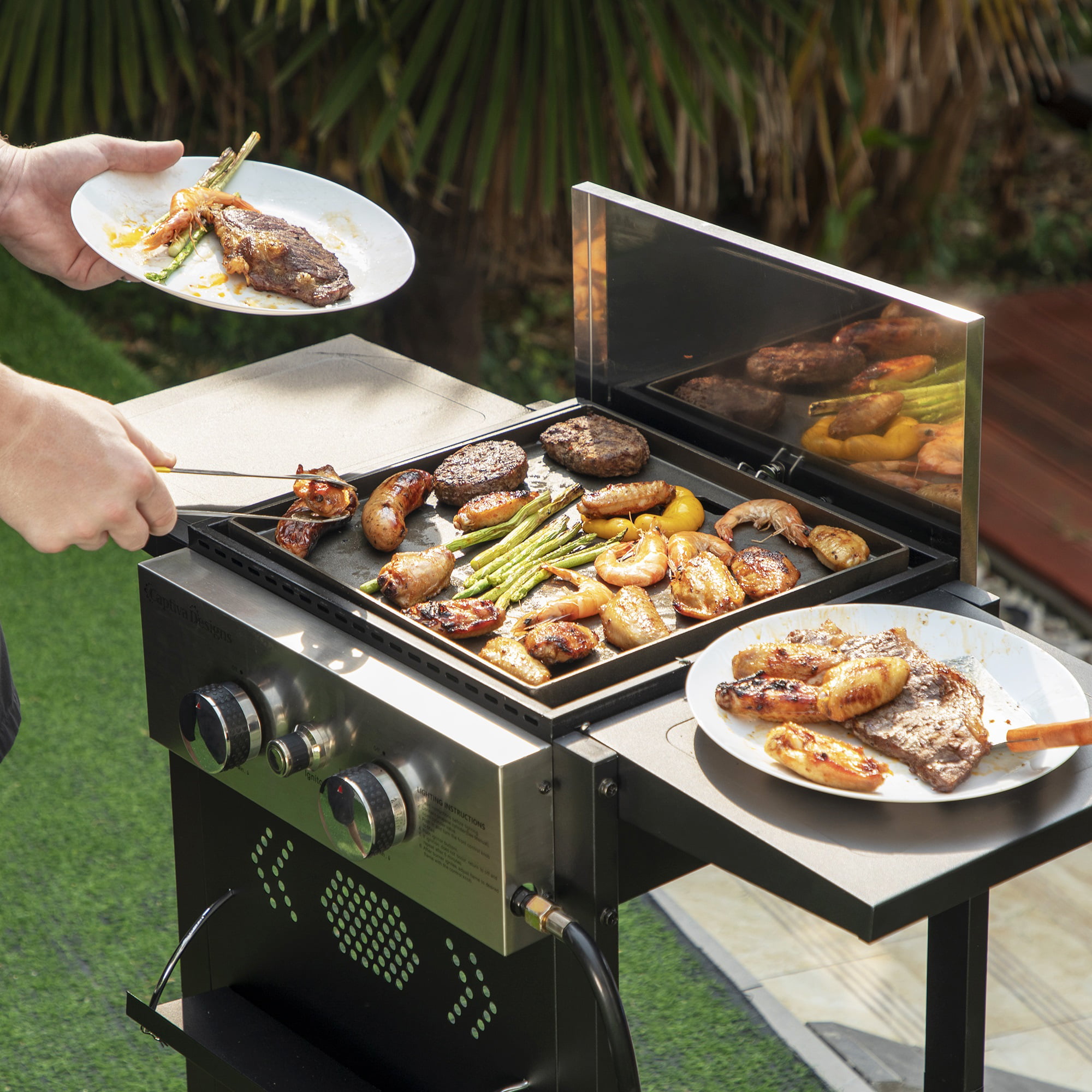 MF Studio 2-Burner Propane Grill and Griddle Cooking Station with Side Shelves Black