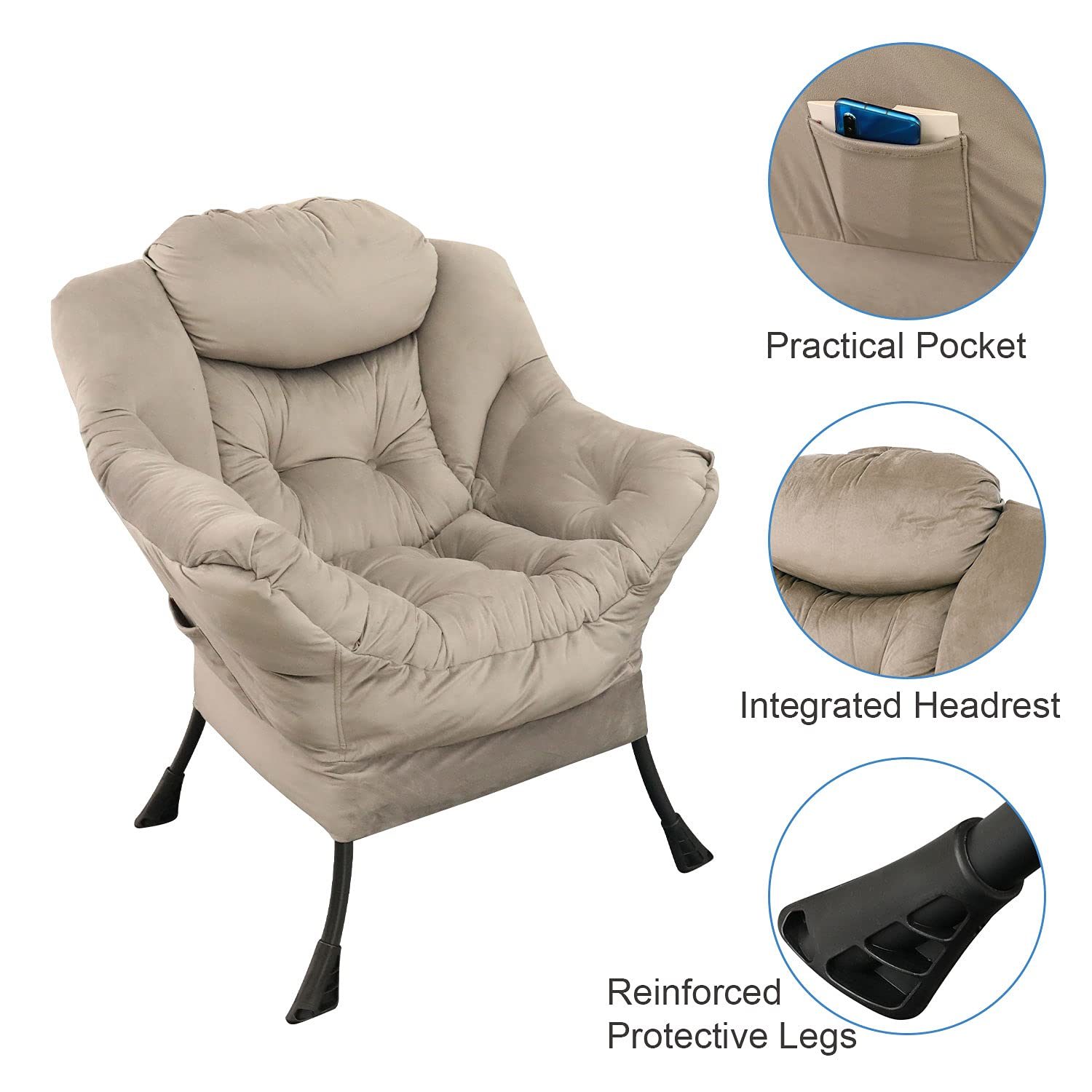 GOLDSUN Accent Chair Lazy Reclining Armchair with Removable Metal Legs and High-Density Foam. Comfy Upholstered Single Sofa Chair for Living Room. Bedroom. Office (Grey with Ottoman)