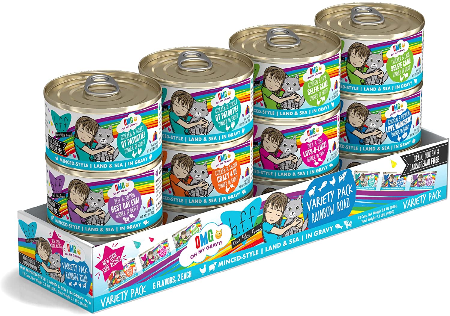 Weruva B.F.F. Omg - Best Feline Friend Oh My Gravy!. Variety Pack. Rainbow Road. Wet Cat Food By. 2.8Oz Cans (Pack Of 12)