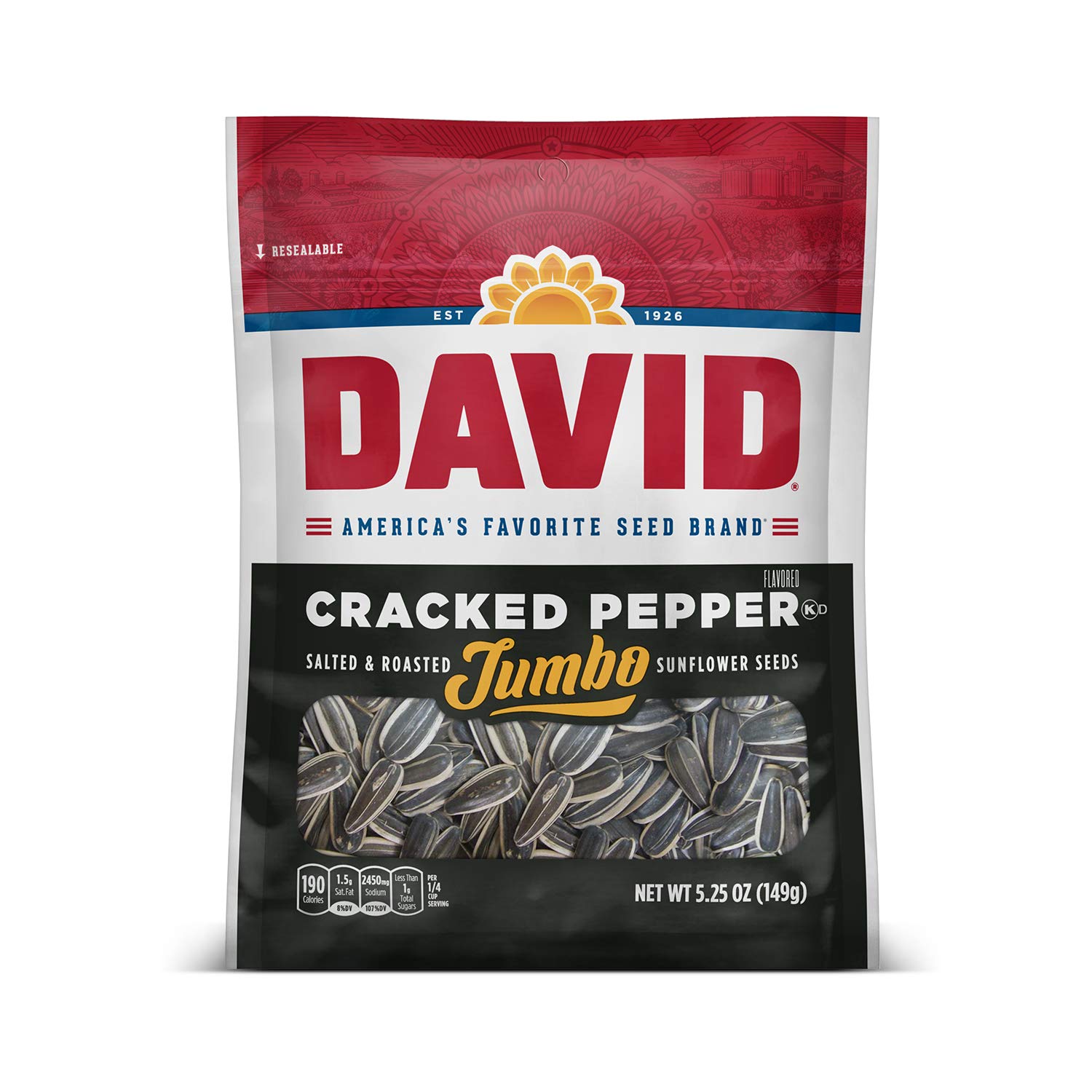 DAVID Roasted and Salted Cracked Pepper Jumbo Sunflower Seeds. Keto Friendly. 5.25 oz. 12 Pack