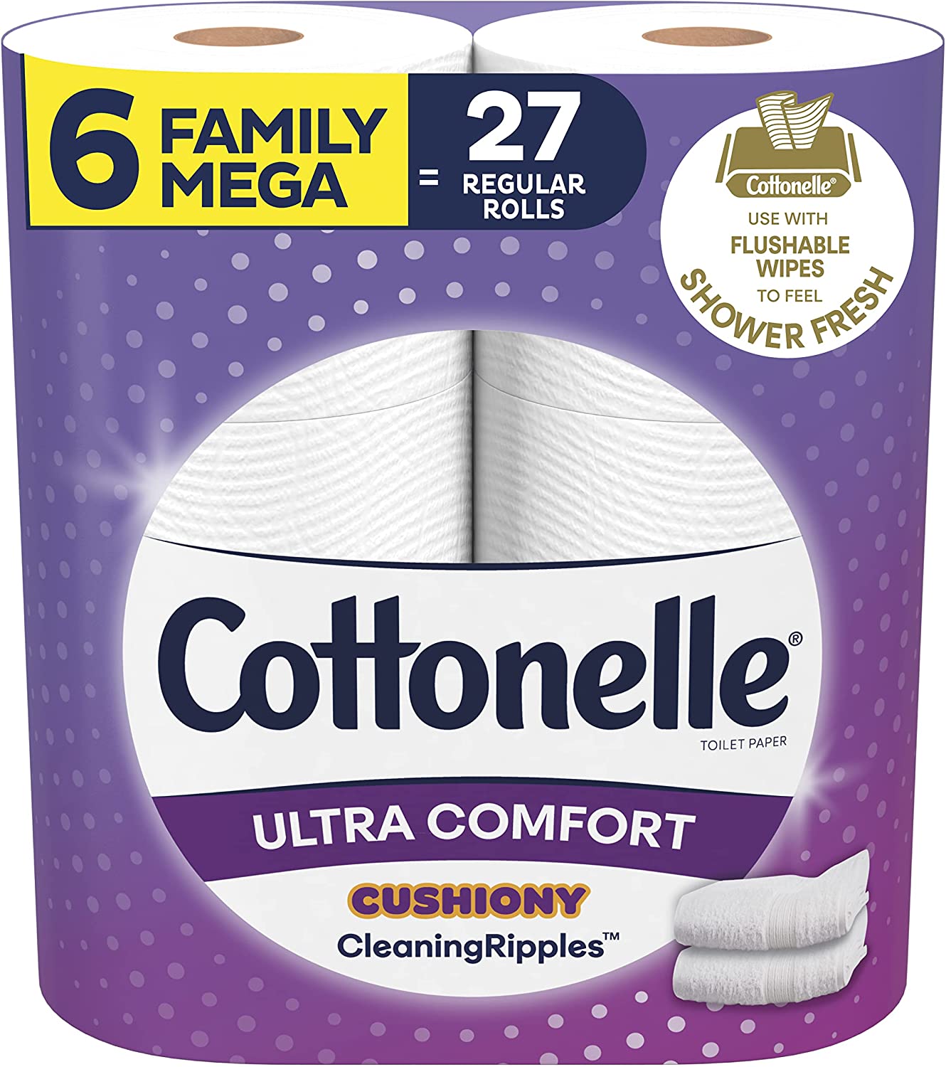 Cottonelle Ultra Comfort Toilet Paper with Cushiony CleaningRipples Texture. Strong Bath Tissue. 6 Family Mega Rolls (6 Family Mega Rolls = 27 regular rolls). 325 Sheets per Roll