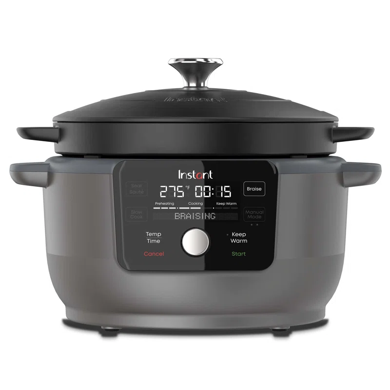 Instant 140-0051-01 Electric Round Dutch Oven. 6-Quart 1500W. From the Makers of Instant Pot. 5-in-1: Braise. Slow Cook. Sear/Sauté. Cooking Pan. Food Warmer. Enameled Cast Iron. Included Recipe Book. Black
