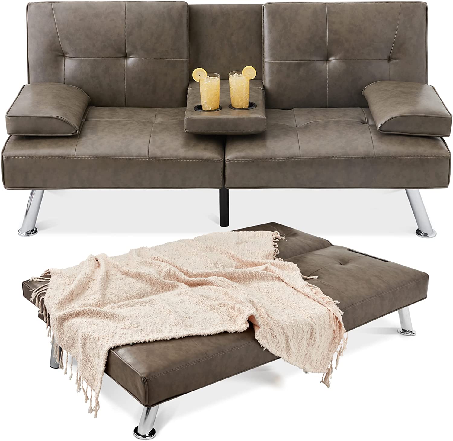 Best Choice Products Faux Leather Upholstered Modern Convertible Folding Futon Sofa Bed for Compact Living Space. Apartment. Dorm. Bonus Room w/Removable Armrests. Metal Legs. 2 Cupholders - Gray