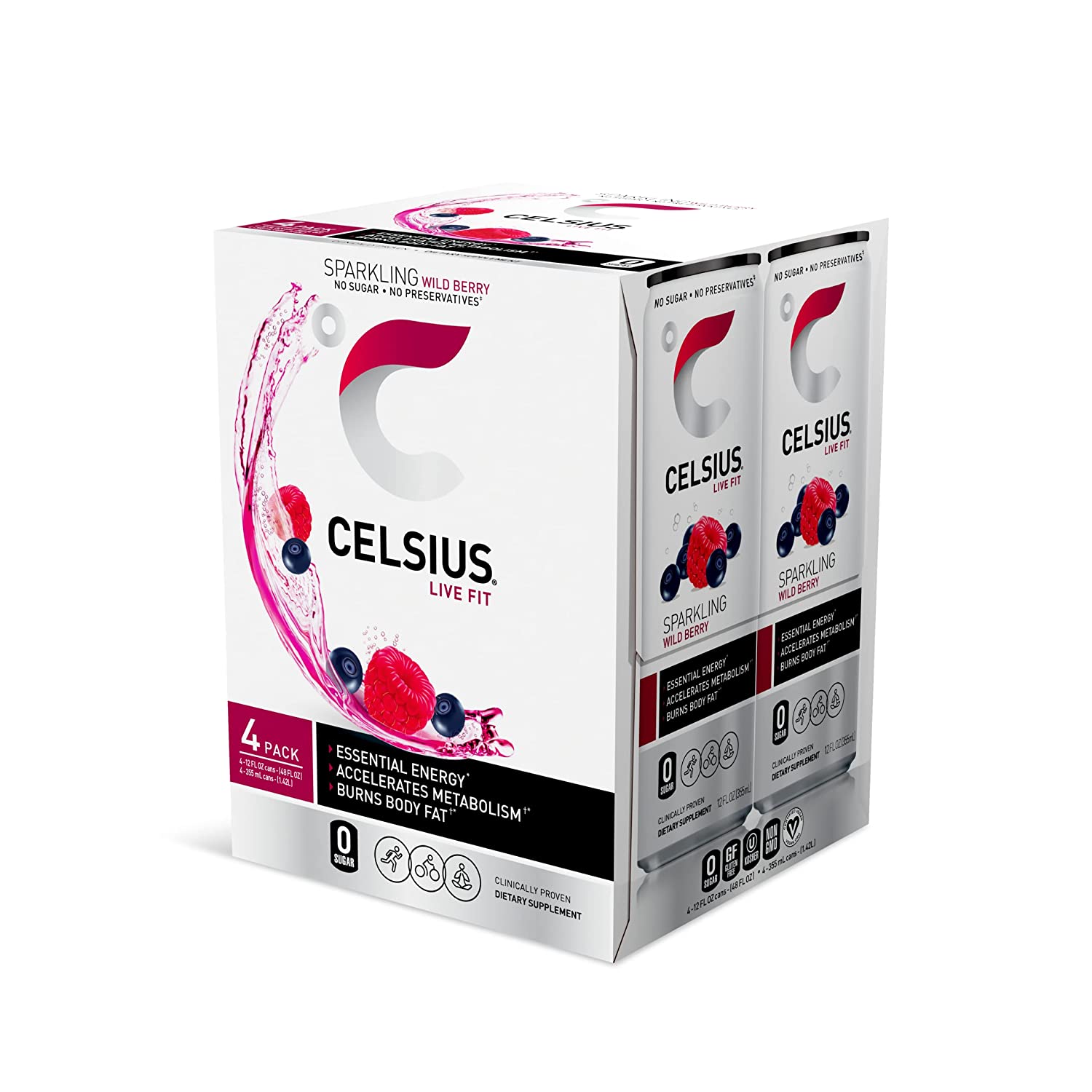 CELSIUS Essential Energy Drink 12 Fl Oz. Zero Sugar. Sparkling Wild Berry (Pack of 24)