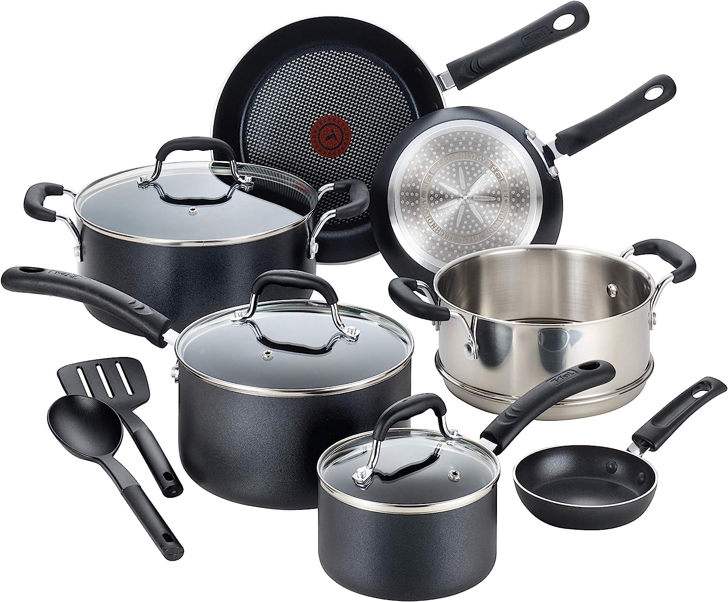 T-fal Experience Nonstick Cookware Set 12 Piece Induction Pots and Pans. Dishwasher Safe Black