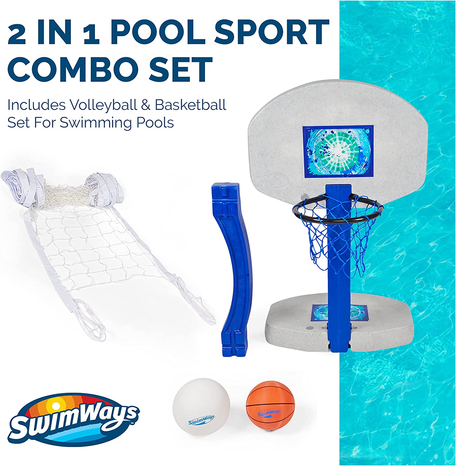 SwimWays 2-in-1 Pool Sport Combo Set - Volleyball Net & Outdoor Basketball Hoop For In- & Above Ground Pool. Outdoor Games for Adults and Family