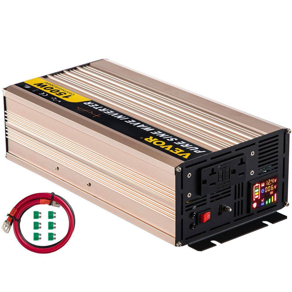 VEVOR CZXNBQD1.5KW-SBMFV9 Pure Sine Wave Inverter 1500-Watt Car Power Converter DC 12-Volt to AC110-Volt with LCD Display USB Por for Car RV Truck