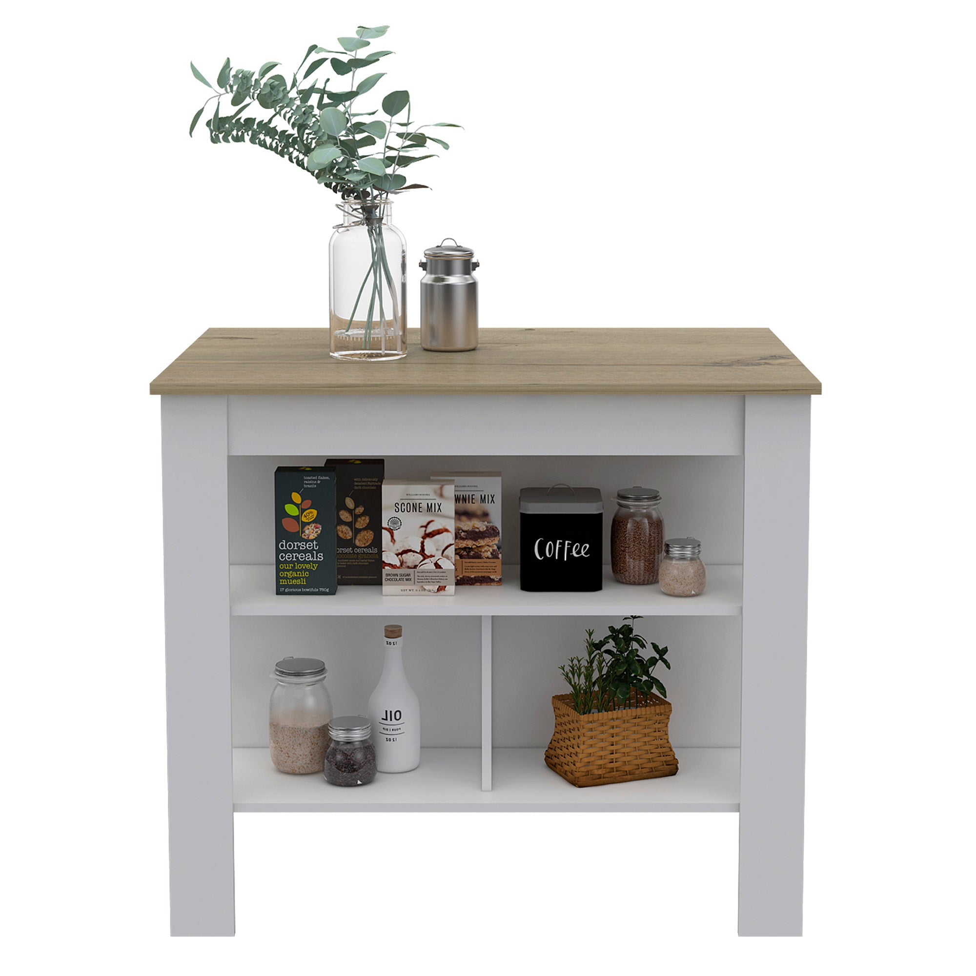 Boahaus Le Havre White Painted Kitchen Island. Wood Tabletop