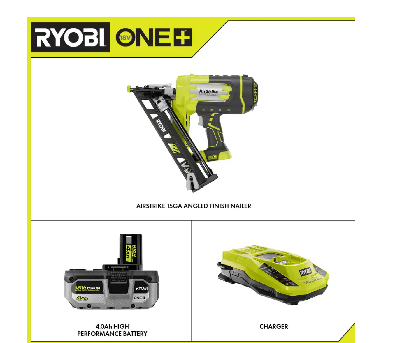 RYOBI P330-PSK004 ONE+ 18V Cordless AirStrike 15-Gauge Angled Finish Nailer with HIGH PERFORMANCE 4.0 Ah Battery and Charger Kit