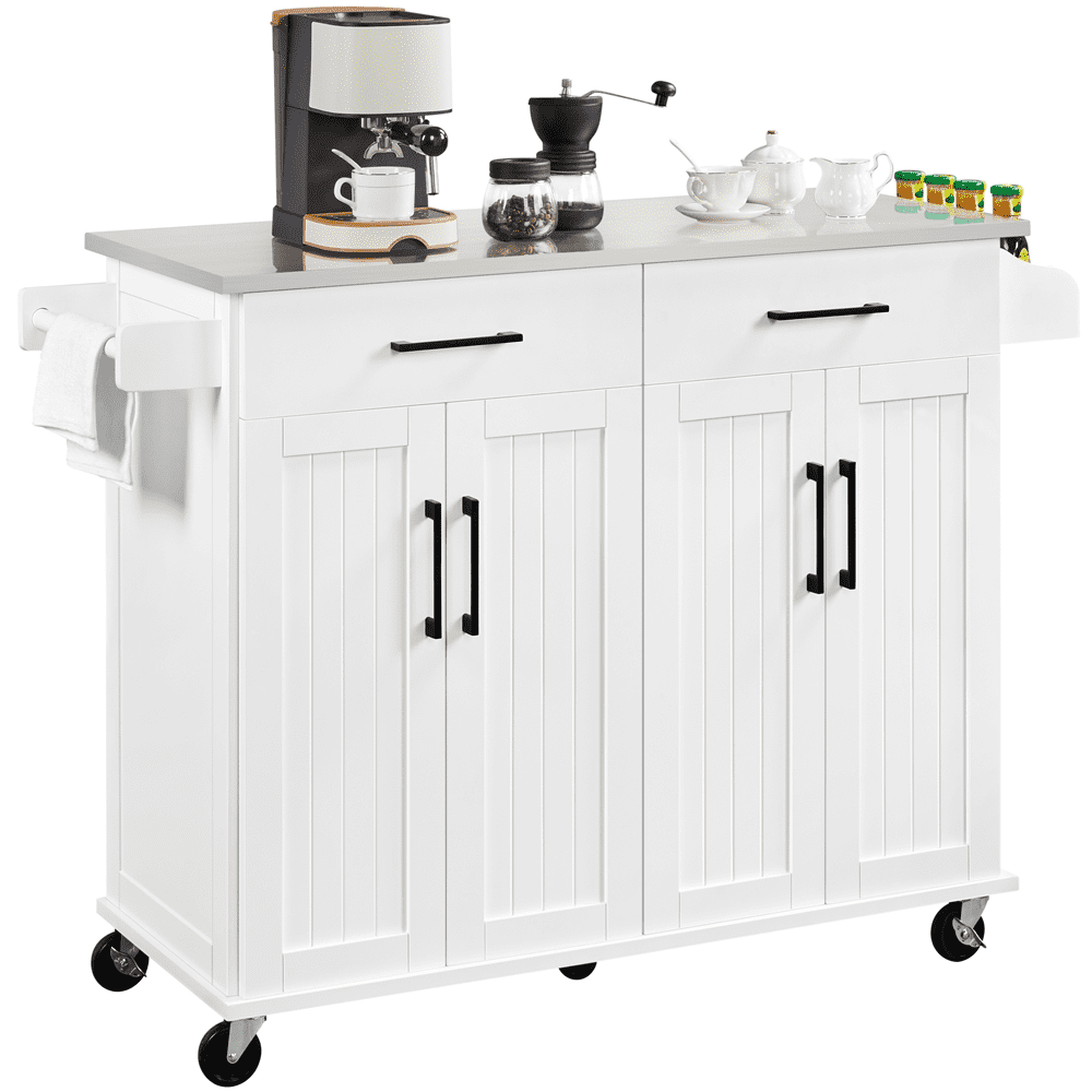 SMILE MART Large Kitchen Island on Wheels with Storage Drawers & Cabinets. White