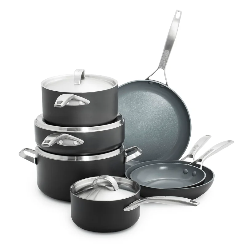 GreenPan Paris Pro Hard Anodized Healthy Ceramic Nonstick. 11 Piece Cookware Pots and Pans Set with Stainless Steel Lids. PFAS-Free. Dishwasher Safe. Grey