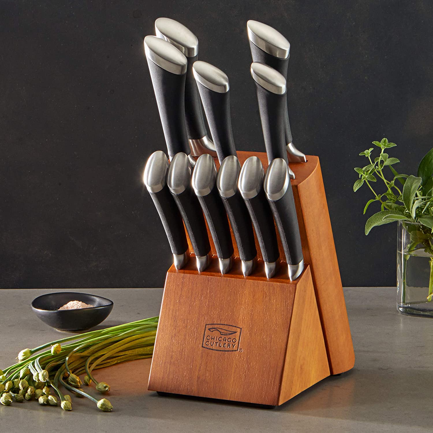 Chicago Cutlery Fusion 12 Piece Forged Premium Knife Block Set with Wooden Storage Block. Cushion-Grip Handles with Stainless Steel Blades. Kitchen Knife Set