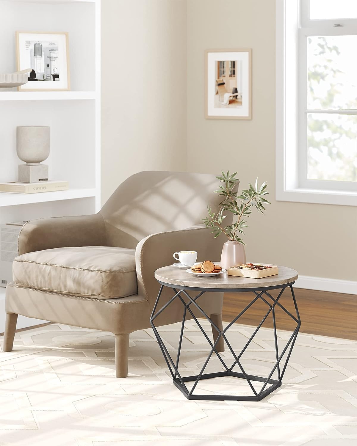 VASAGLE Small Coffee Table Set of 2. Round Coffee Table with Steel Frame. Side End Table for Living Room. Bedroom. Office. Greige and Black